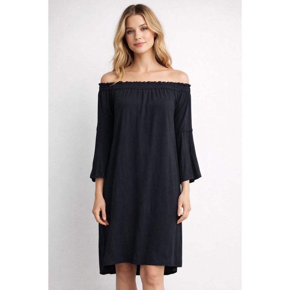 MALIA MILLS Dress Womens XS Black Grey Silk Rayon Off Shoulder Boho Peasant